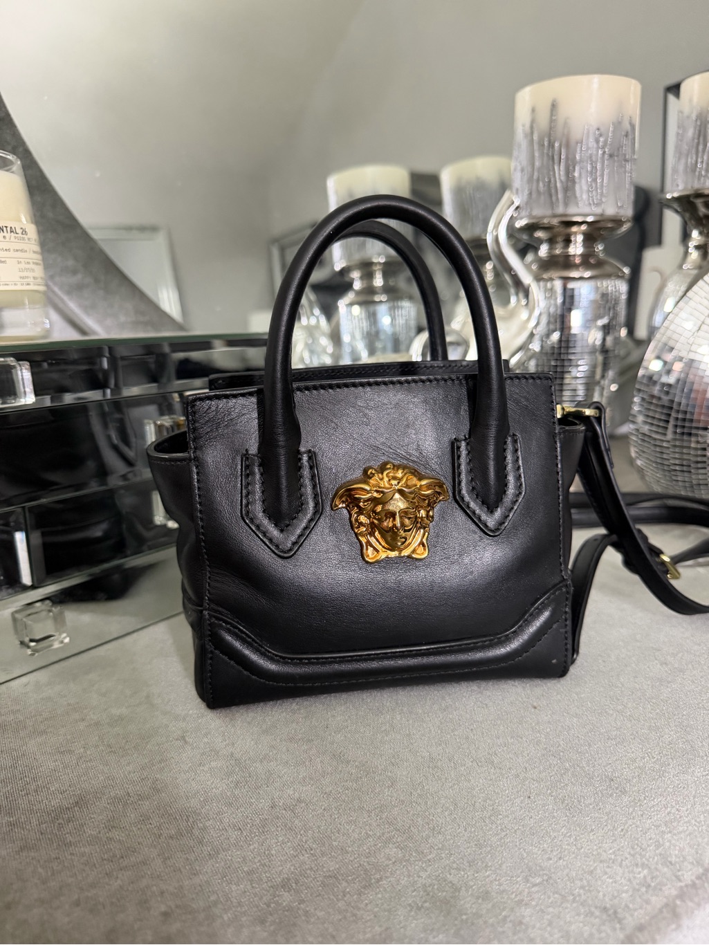 Versace Black Leather Mini Tote With Gold Medusa Emblem